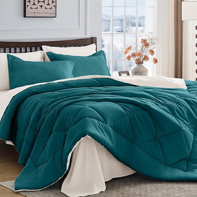 HEVUMYI Queen Comforter Set - 7-Piece All Season Bed in a Bag Queen Ultra Soft Bedding Set with Comforter Flat Sheet Fitted Sheet Pillowcases Pillow Shams Peacock Blue &amp Ivory