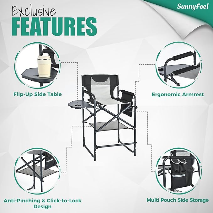 SUNNYFEEL Tall Camping Directors Chair Portable Folding Artist Makeup Chair with Side Table Pocket Footrest Heavy Duty for BeachTripPicnicConcert Outdoor Foldable Camp Lawn Chairs