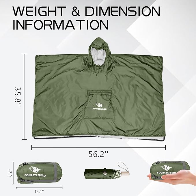 Wearable Hooded Poncho Sleeping Bag Water Resistant Windproof 2 in 1 Spring Poncho Blanket for Camping Hikes