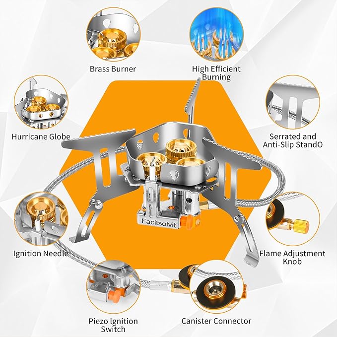 9900W Windproof Camping Gas Stove Portable Camping Stove with Piezo Ignition 1LB Propane Tank Adapter Butane Adapter for Outdoor Cooking Picnic Camping and Hiking