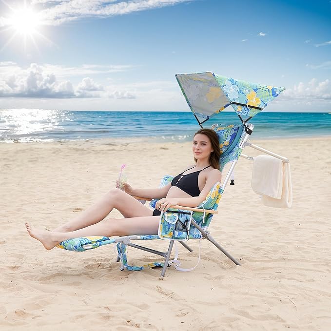 Oversized Heavy Duty Backpack Beach Chair with Sun Canopy Reclining Lounge Chair Tanning Chair with Face Hole 5-Position Foldable Camping Chair for Outdoor Sunbathing Beach Patio Pool (Yellow/Green)