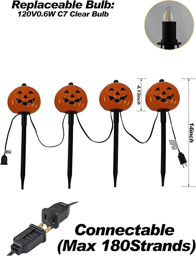 4 Pack Halloween Pumpkin Pathway Marker Lights with C7 Clear Bulbs 7Ft Pumpkin Night Light with 4 Stakes Extendable Waterproof Pathway Decor for Yard Porch Lawn Pathway Garden Chirstmas