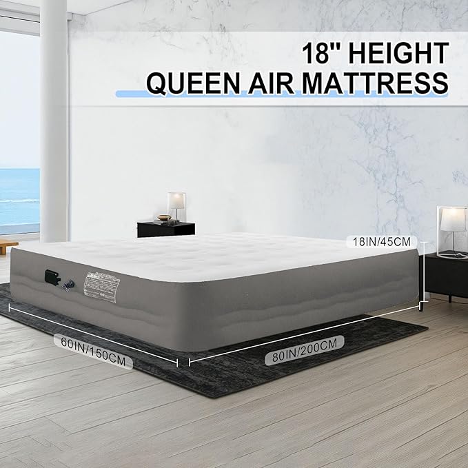 Queen Size Air Mattress with Built in Pump 18'' Raised Blow Up Bed Inflatable Mattress for Camping &amp Travel 3-Minute Quick Inflation/DeflationThick Velvet Texture Waterproof18'' Grey