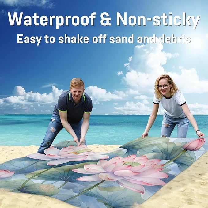Lotus Flowers Leaf Lightweight Beach Blanket Waterproof Sandproof 59X68 Sand Free Beach Mat with 4 Stakes Compact Outdoor Blanket for Beach Quick Drying Picnic Mat for Travel Camping