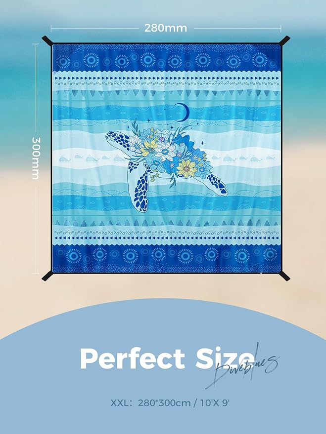 Diveblues Beach Blanket Oversized Extra Large 110 * 118/ 9 * 10 FtBeach Mat Waterproof SandproofSoft and Durable Picnic Mat for Travel Camping Beach Vacation4 Stakes &amp 1 Travel Bag