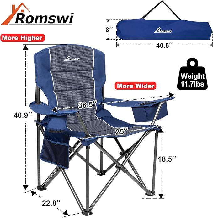 Romswi 2 Pack Oversized Camping Chairs for Adults 500LBS Heavy Duty Steel Folding Chair with Adjustable Elastic Armrests 38.5 Wide 600D Oxford Fabric 6-Can Cooler &amp Side Pockets for Outdoor Bl