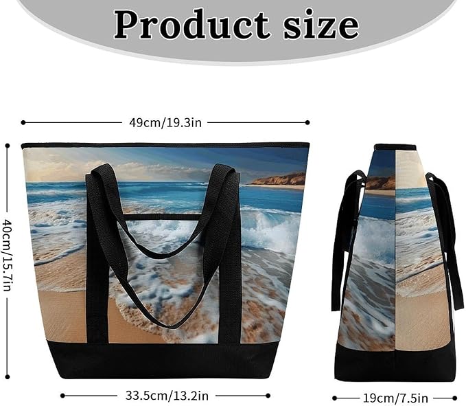 Insulated Shopping BagLarge Reusable Cooler Bags Blue Sea Sandy Beach Printed Foldable Shopping BagTravel Waterproof Shoulder Bag