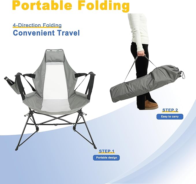 Hammock Camping Chair Portable Chairs with Pillow Cup Holder and Carry Bag Lightweight Foldable Chair for Outside Camping Hiking Travel Beach and Sports (Grey)