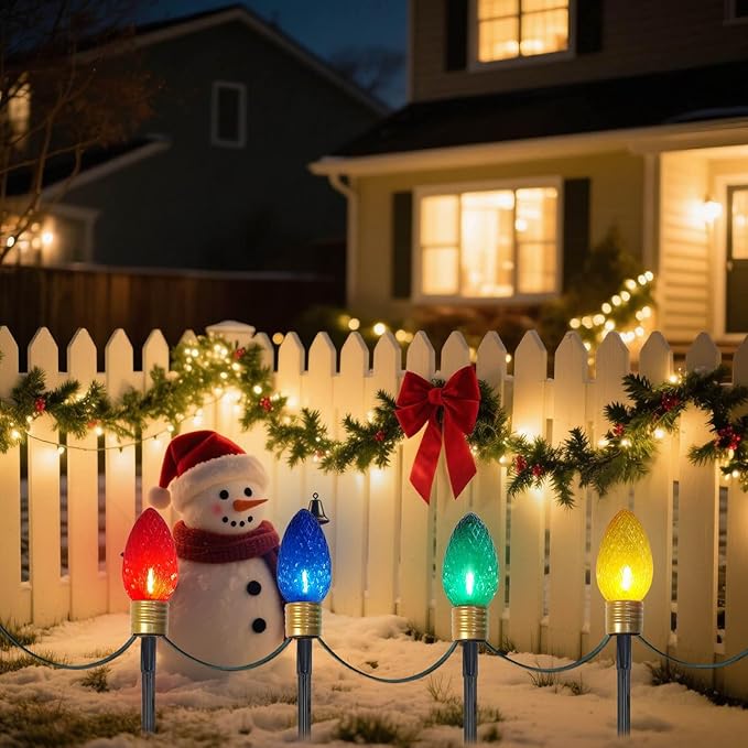 2 Pack Jumbo C9 Christmas Pathway Lights Outdoor Total 14FT 8-Light Multicolor Diamond Connectable Plug in for Walkway Fence Yard Garden