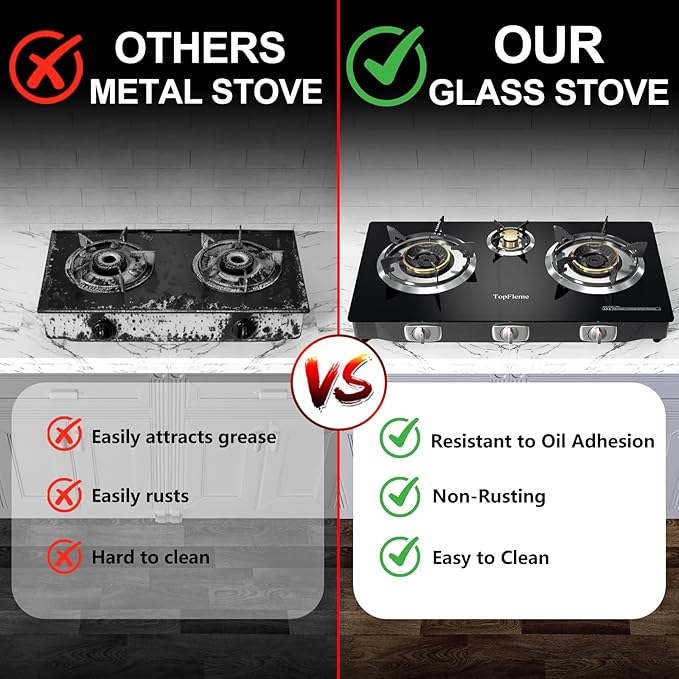 3 Burner Propane Stove 32300 BTU High-Efficiency Tempered Glass Auto-Ignition Gas Burner Stove Top with CSA Hose for Outdoor RV Camping Emergency Cooking