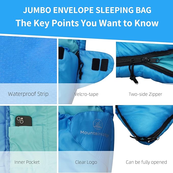 Jumbo Sleeping Bag for Adult&ampKidsCold&ampWarm Weather with Compression Sack and Water Resistant for Family CampingTravel and Car Camping