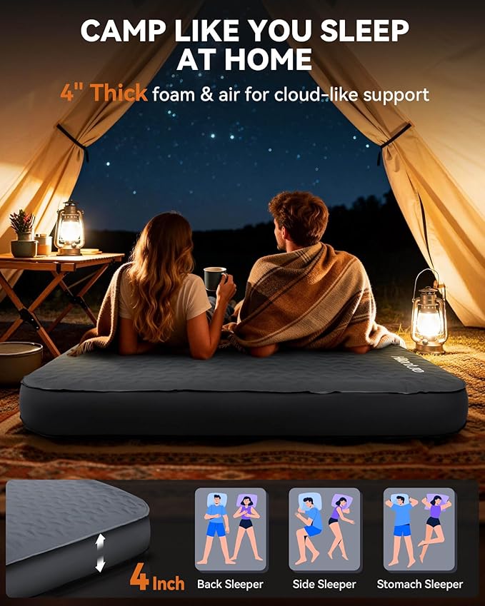 Hikenture 4 Thick Self Inflating Sleeping Pad Foam &amp Air Camping Mattress 9.5 R-Value Insulated Sleeping Mat Portable All Season Camping Pad for Tent Car Cot Truck