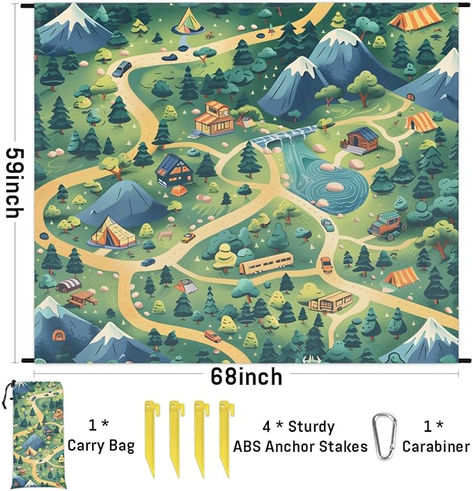Waterproof Sandproof Beach Blanket 59''×68'' Scenery Mountains Polyester Outdoor Picnic Blanket with 4 Stakes &amp Storage Bag for BeachCampingVacation Green