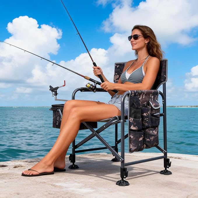 Fishing Chair with Rod Holder Folding Heavy Duty Ice Fishing Camping Chair with Liftable Cooler Bag Cup Holder Adjustable Legs