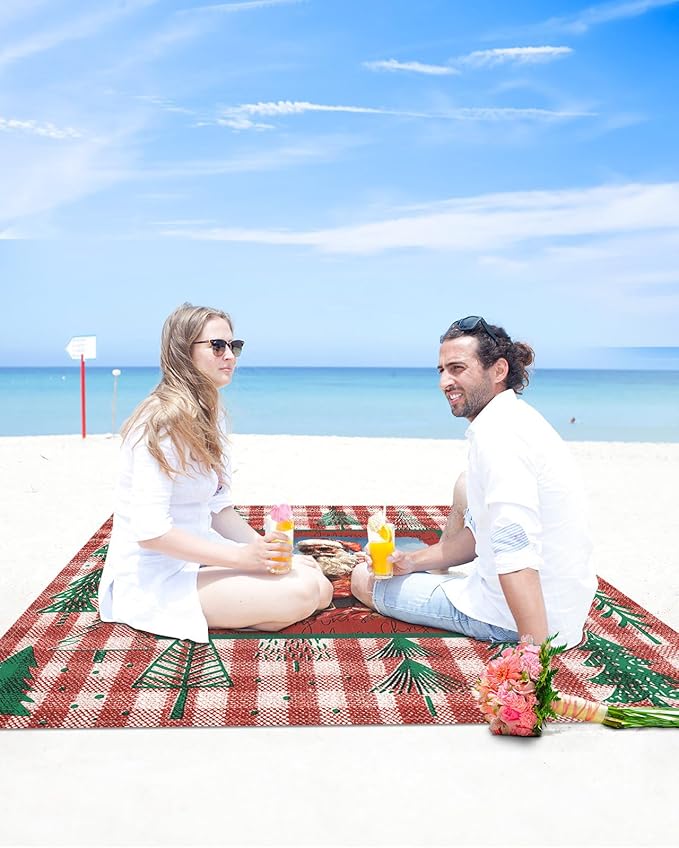Beach Blanket Waterproof Sandproof OversizedSanta Claus Christmas Tree Seamless Beach Mat with Corner Stakes Sand PocketsRetro Red Buffalo Plaid Outdoor Picnic Mat for Travel Camping 95x80In