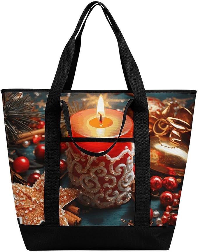 Insulated Shopping BagLarge Reusable Cooler Bags Christmas Candle Printed Foldable Shopping BagTravel Waterproof Shoulder Bag