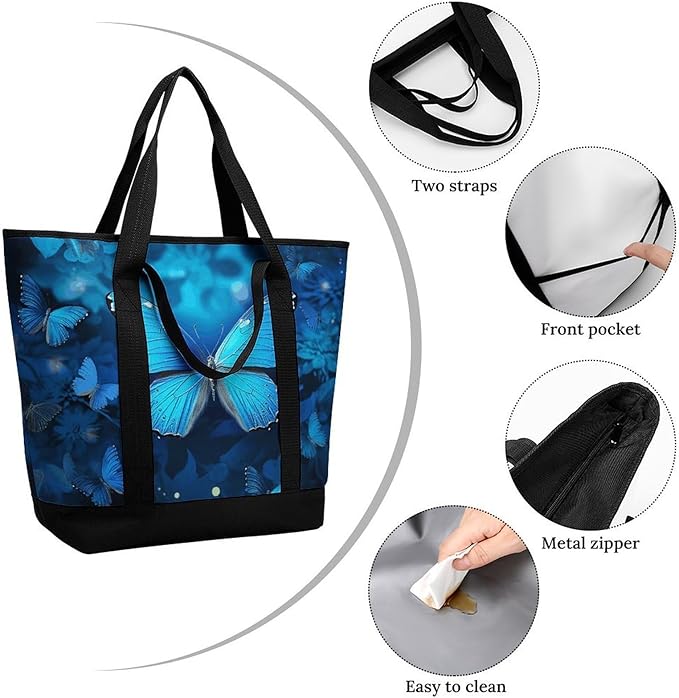 Insulated Shopping BagLarge Reusable Cooler Bags Blue Beautful Butterfly Printed Foldable Shopping BagTravel Waterproof Shoulder Bag