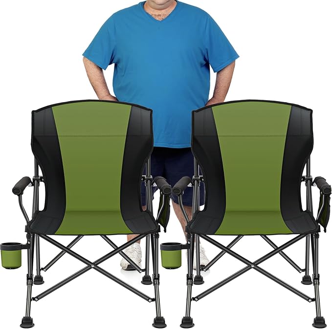 2 Pack Oversized Folding Camping Chair for Adults Supports 450 LBS Camping Chairs Heavy Duty Camping Chair with Side Pockets Foldable Outdoor Chair for Camping Beach Fishing Hiking Green-Black