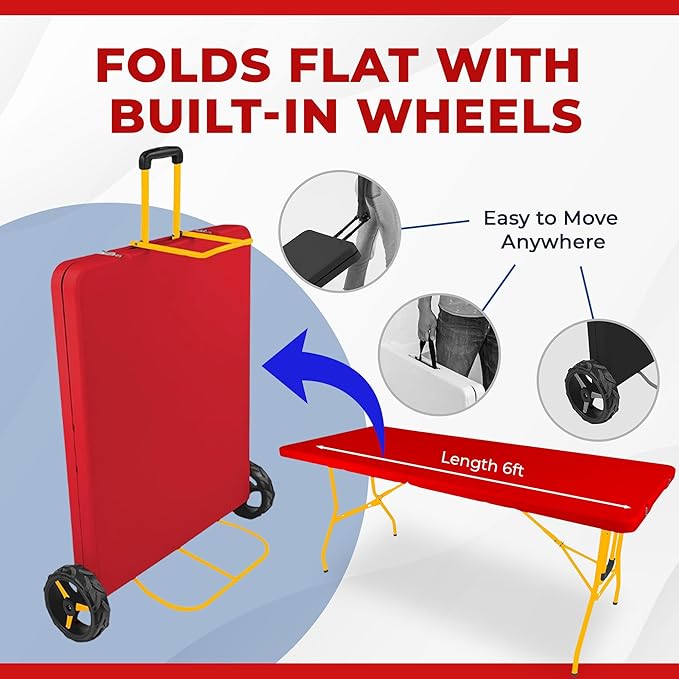 6Ft Rolling Folding Table with Built-in Wheels Durable Plastic Team Colors Easy to Carry Perfect for Camping Picnic Tailgating Party Indoor/Outdoor Use (Single Table Yellow &amp Red)