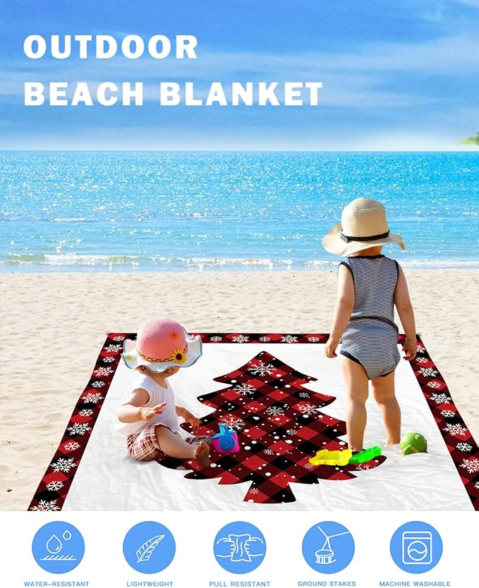 Beach Blanket Waterproof Sandproof OversizedMerry Christmas Red Buffalo Check Tree Beach Mat with Corner Stakes Sand PocketsWinter Snowflake White Back Outdoor Picnic Mat for Travel 83x79In