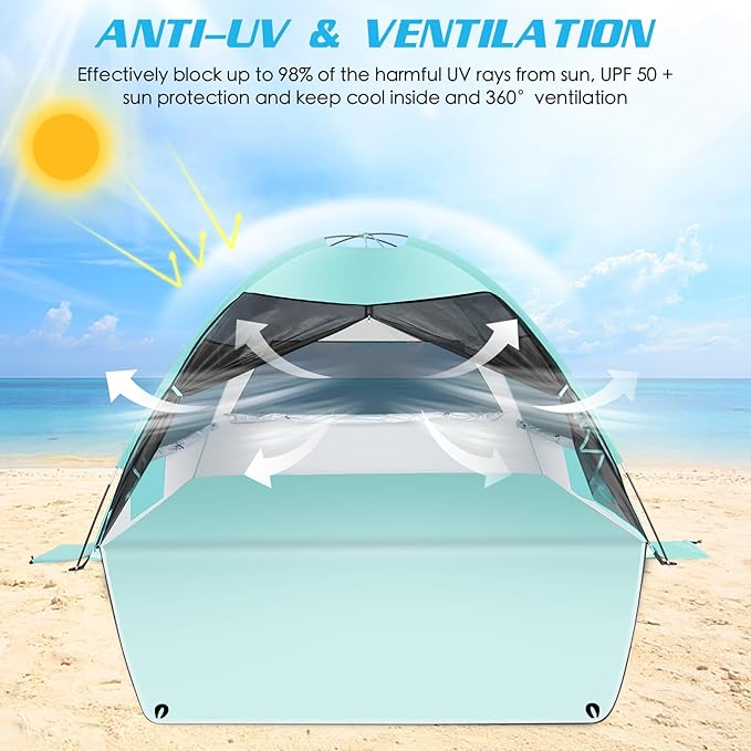 Large Easy Setup Beach TentAnti-UV Beach Shade Beach Canopy Tent Sun Shade with Extended Floor &amp 3 Mesh Roll Up Windows Fits 3-4 PersonPortable Shade Tent for Outdoor Camping Fishing (Mint Green