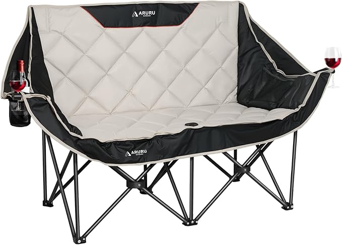 Double Camping Chair Padded Oversized Camping Loveseat for Adults 2 Person Couch Two Seat Support 600LBS Heavy Duty Folding Camp Lawns Chairs for Outdoor Beach Backyard Tailgating Sports