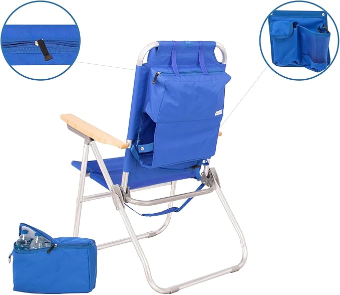 Heavy Duty Tall Beach Chair for Adults 17 High Off Ground 4-Position Reclining Insulated Cooler &amp Storage Pouch Bamboo-Finish Arms 300 lb Capacity