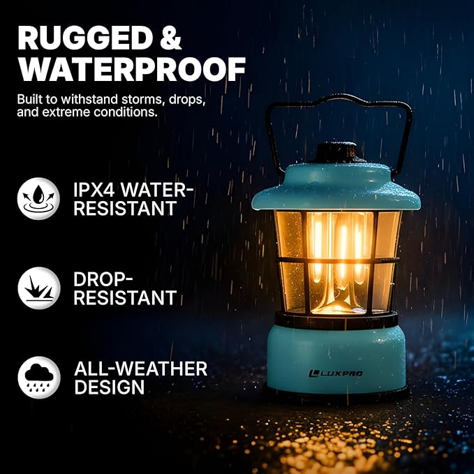 LUXPRO Retro LED Lantern - Battery-Powered Emergency Lantern - Water Resistant - Bright LED Lamp for Indoor &amp Outdoor Use - Use for Tents Hiking or Hurricane Prep (Blue Pack of 2)