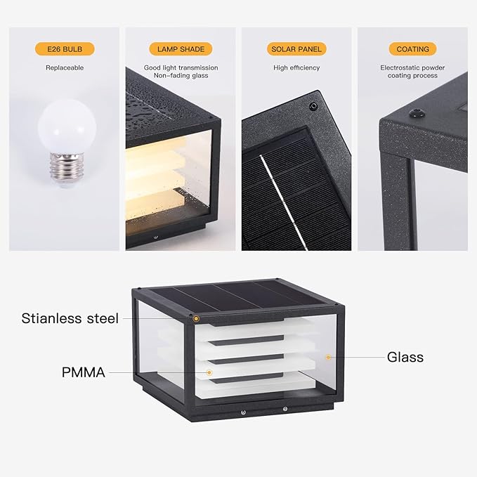 11.8'' Solar Post Lights Outdoor Glass Solar Pillar Lights Outdoor IP54 Waterproof Square Large Column Light Dusk to Dawn 3000K LED Column Lamp Modern Pillar Light Fixture for Entrance Posts