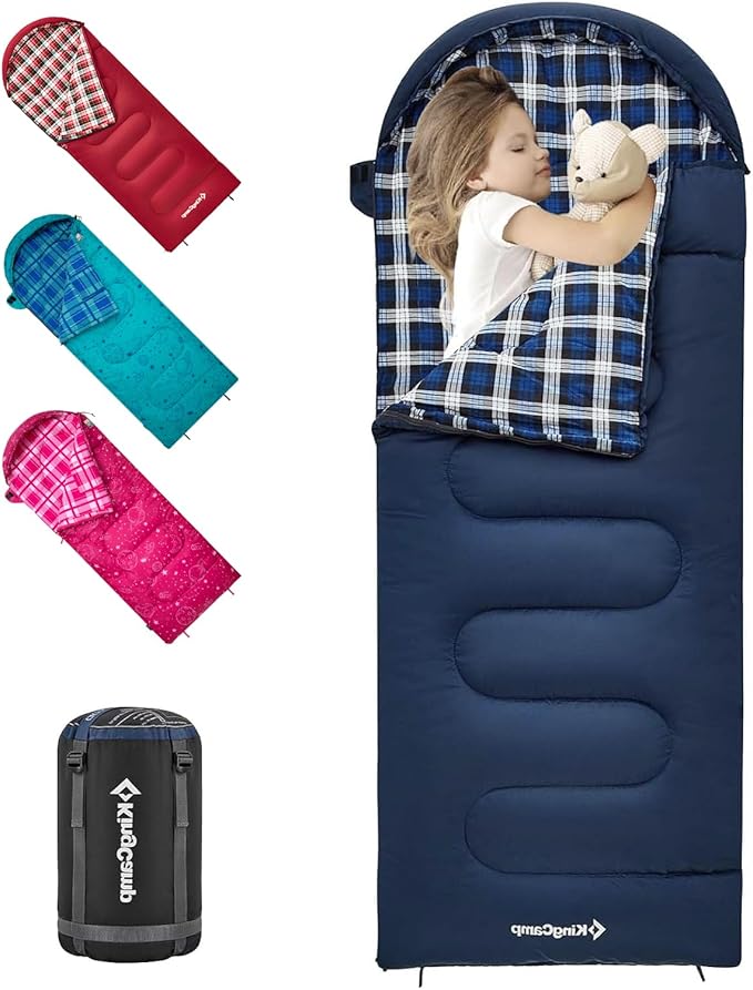 KingCamp 45°F Kids Sleeping Bag Lightweight Waterproof &amp Compact Flannel Sleeping Bags Cold Weather &amp Warm Youth Essentials Gear Accessories for Camping Fits 10-12 Children up to 4'7-5'5 T