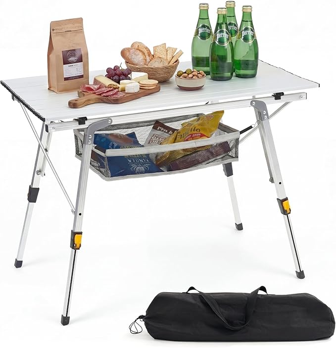 Camping Table Portable Foldable with Adjustable Legs Aluminum Roll Up Table with Large Mesh Storage Layer &amp Carrying Bag Lightweight Outdoor Picnic Table for Camping Beach BBQ Backyard