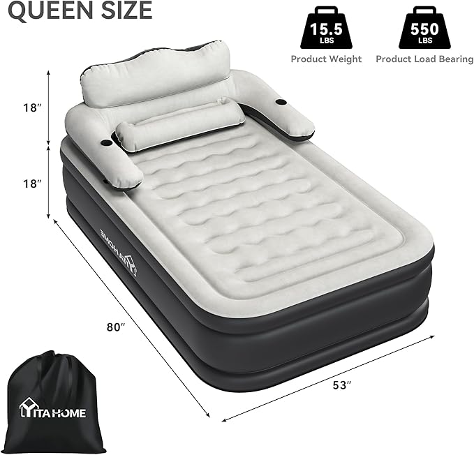YITAHOME FullXL Size Air Mattress with Headboard 18in Inflatable with Pillow Blow Up Mattress with Removable Electric Pump Comfort Air Bed Queen for Camping &amp Home Black