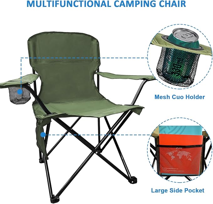 Foldable Camping Chair with Cup Holder Storage Pocket 225lbs Capacity Wide Base Feet for Sand/Mud Sweatproof Portable Outdoor Chair for Hiking Beach Sports Green