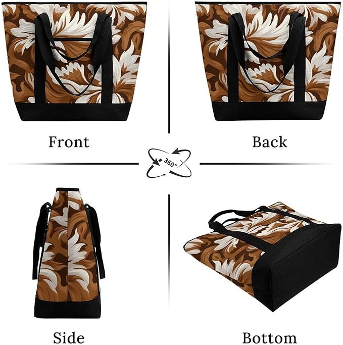 Insulated Shopping BagLarge Reusable Cooler Bags Brown And White Pattern Printed Foldable Shopping BagTravel Waterproof Shoulder Bag