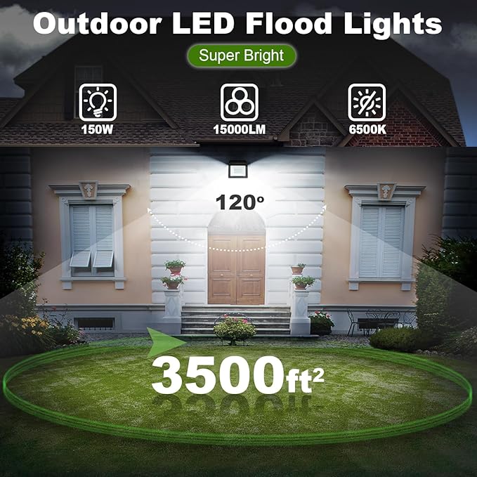 2 Pack 150W LED Flood Light Outdoor15000LM Work Spotlight with US Plug6500K Daylight WhiteIP66 Waterproof Exterior Security Floodlights for YardGardenBackyardPatioStadiumParking Lot