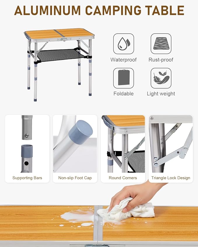 Outvita Folding Table 2FT Aluminum Camping Table with Storage Adjustable Height Picnic Table Lightweight for Carring Outdoor Party Events Beach