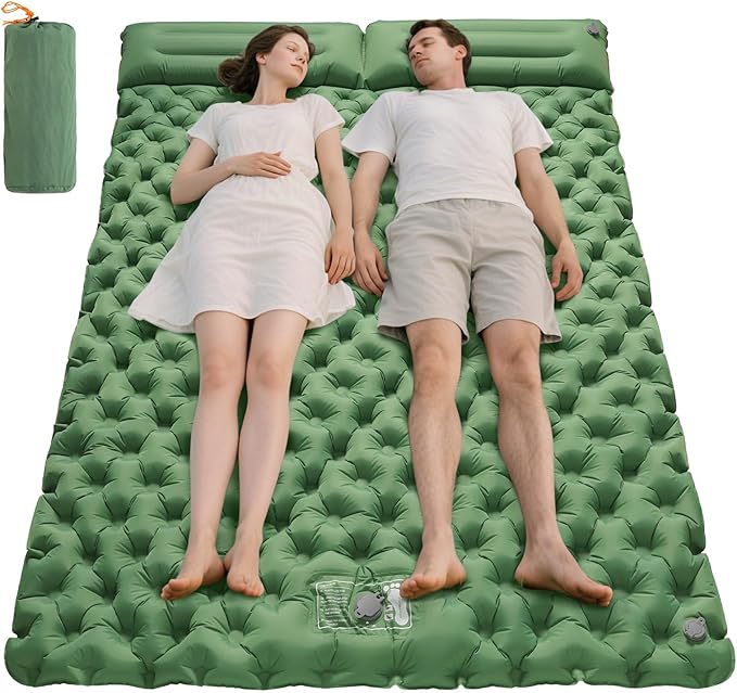 2 Person Inflatable Sleeping Pad for Camping Ultralight Double Camping Mat Air Mattress Foot Pump Durable Waterproof Compact Sleeping Mat for Outdoor Backpacking Hiking Green