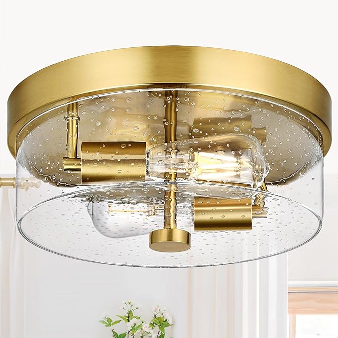 Flush Mount Ceiling Light Fixtures 2-Light Gold Ceiling Mount for Farmhouse with Seeded Glass Lampshade Industrial Flush Mount Light Fixture Farmhouse for Hallway Kitchen Entryway and Foyer