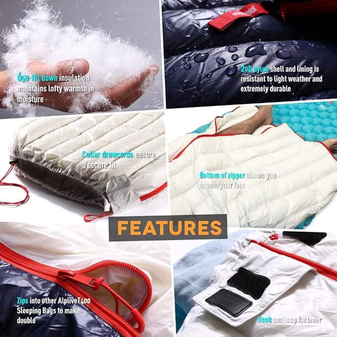 ZOOOBELIVES Ultralight Backpacking 32-50F Down Sleeping Bag - 27oz Ultra Compact 650 Fill Power Envelope Sleeping Bag for Hiking Camping and Backcountry Lightweight and Compressible – Alplive T400