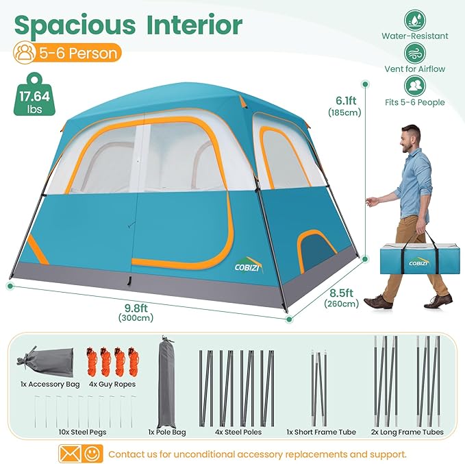 COBIZI Camping Tent 4 Person Easy Setup Waterproof Windproof Backpacking Tent with Removable Rainfly Lightweight Portable Outdoor Family Tents for Camping Travel Fishing Hiking Scouts (Green)