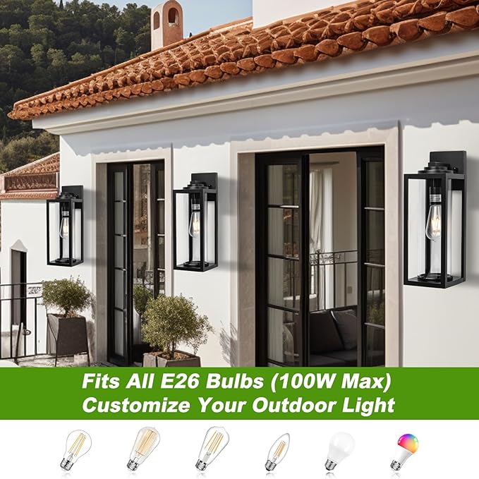 20inch Large Outdoor Wall Lights - 2 Packs Modern Black Exterior Light Fixture with Clear Glass Shade Waterproof Porch Lighting for House Farmhouse Sconces Lantern for Front Door Garage