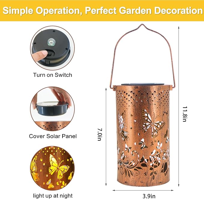 Butterfly Solar Lanterns Outdoor Hanging Hollowed-Out Metal Waterproof LED Garden Decor Light for Patio Yard Pathway Lawn Front Porch Christmas Thanksgiving Birthday Gifts for Women Mom Grandma