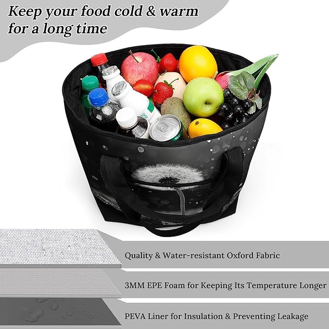 Insulated Shopping BagLarge Reusable Cooler Bags Dandelion Black And White Printed Foldable Shopping BagTravel Waterproof Shoulder Bag