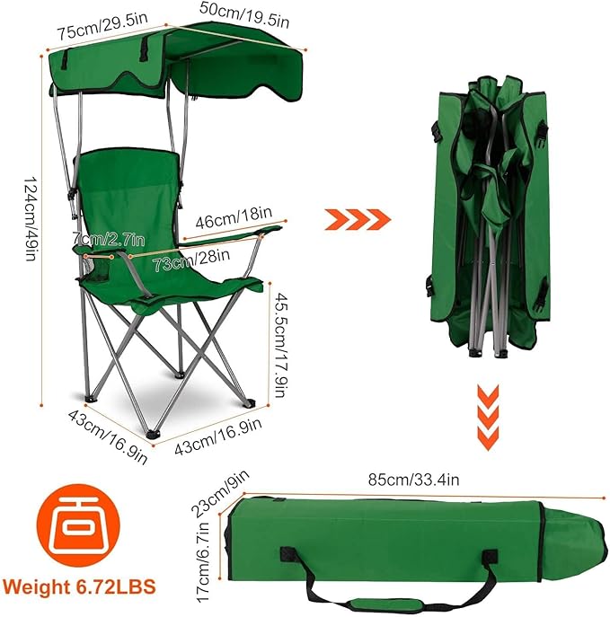 KOCASO Canopy Folding Beach Chair with Sun Shade Heavy Duty 330lbs Portable Camping Lawn Chair with Cup Holder for Pool Travel Picnic