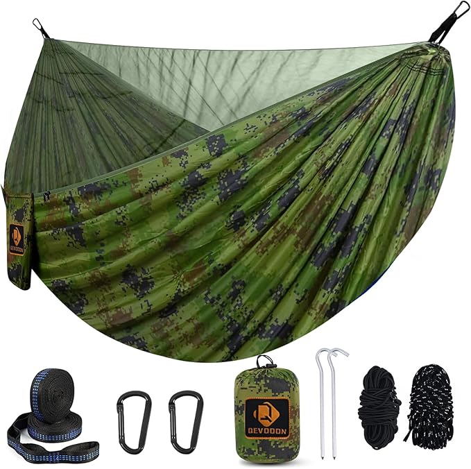 Camping Hammock Portable Hammocks with Mosquito NetLightweight Nylon Parachute Hammock with 10ft Tree StrapsCamping Gear Must Haves for TravelHikingBackpackingBeachPatio-Plaid Camouflage