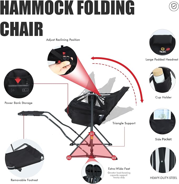 Nice C Heated Hammock Camping Chair with Footrest Heated Camping Chair with Battery Rocking Swing Chairs Hammock Chairs with Stand Heavy Duty (1 Heat Black W/Footrest)