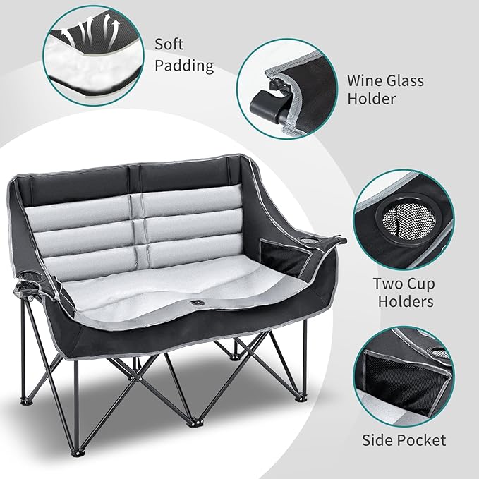 Slsy Oversized Double Camping Chair Folding 2 Person Camping Chair Loveseat Fully Padded Duo Chair Camping Couch Fold Up Double Camp Chair Lawn Chairs Camping Bench with Carrying Bag