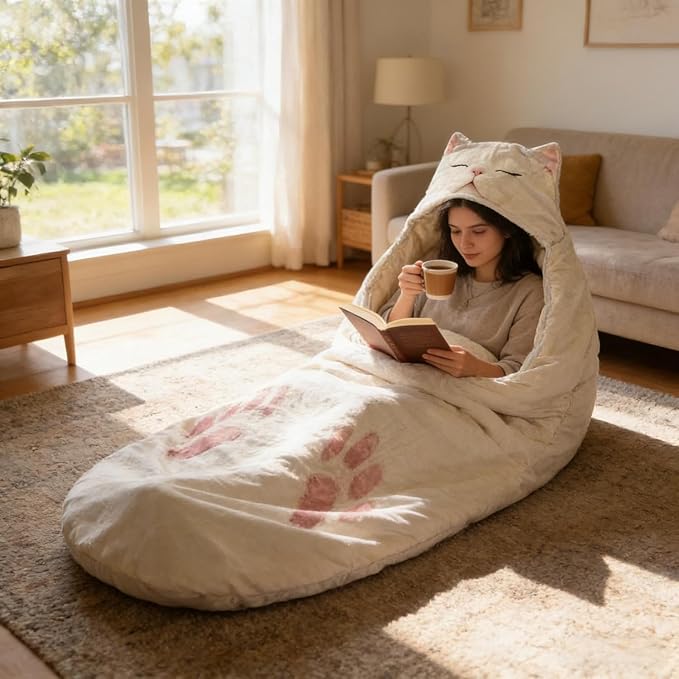Fluffy Cat Sleeping Bag for Human Adults Soft Sleeping Bag Plush Animal Wearable Blanket Washable Adorable Cat Envelope Sleepings Bags for Camping Sleepovers &amp Home Lounging