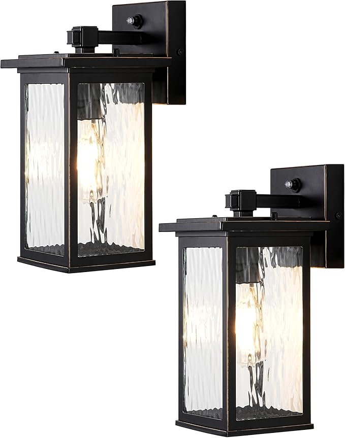 EDISHINE 2 Pack Outdoor Wall Light Dusk to Dawn Exterior Light Fixture Modern Porch Light Wall Mount Sconce Clear Water Ripple Glass Black Metal Outside Wall Lantern for Front Door Garage Patio