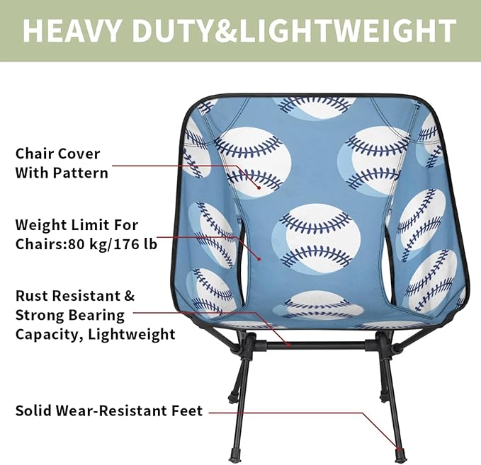 Honeybaby Folding Camping Chair Baseballs Print Camping Chairs Lightweight Portable Chair Outdoor Foldable Chairs for Camping Travel Picnic Beach Hiking